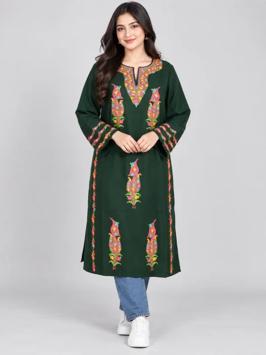 Dark Green Pure Wool Women's Plus Size Kashmiri Pheran – Relaxed Fit