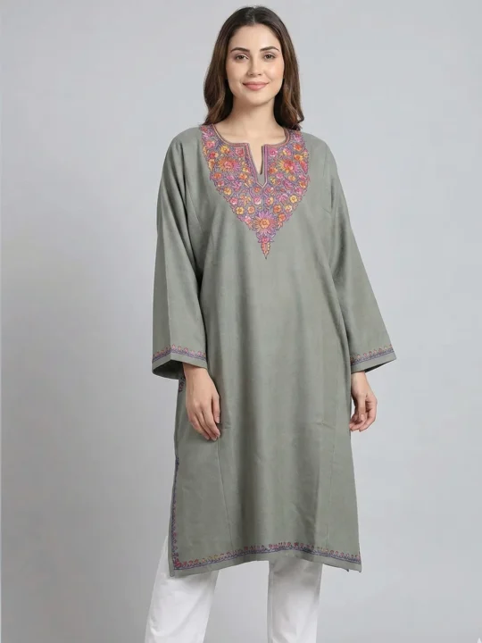 Raffal Wool Kashmiri Grey Pheran with Hand Sozni and Paper Machie Work