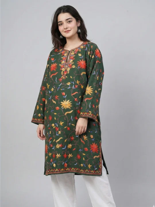 Pure Wool Hand Jaal Aari Embroidery Green Pheran