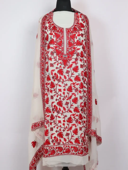 Georgette White 3pc Suit with Chinar Aari and Zari Embroidery