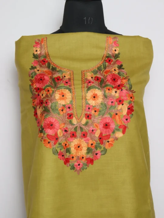 Olive Green Cotton Aari Embroidery Suit Salma 2pc