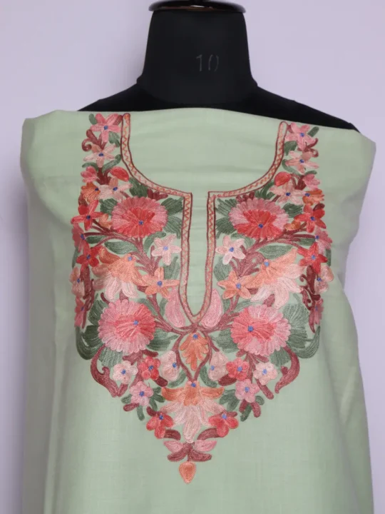Aari Embroidery Tea Green Cotton 2pc Nighat Suit
