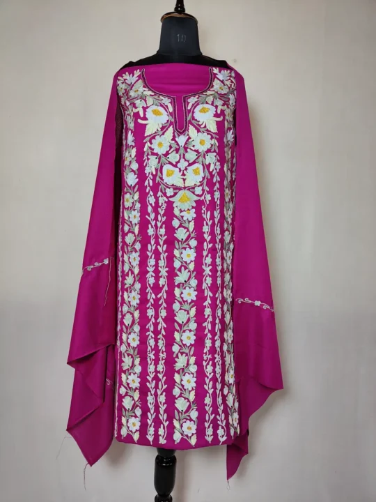Gulbahar Magenta Wool 3pc Salwar Suit Fabric with Aari Work