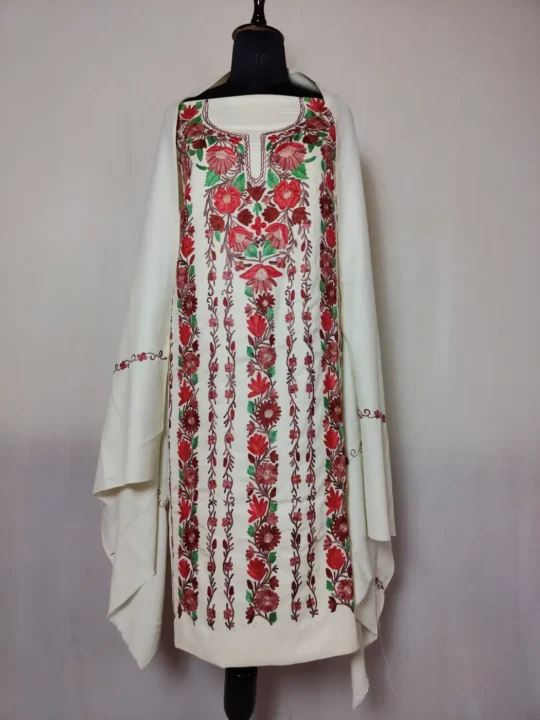 Unstitched Cream Wool Aari Work 3pc Salwar Suit