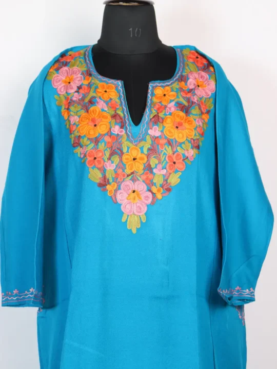 Blue Cashmilon Wool Pheran with Aari Work