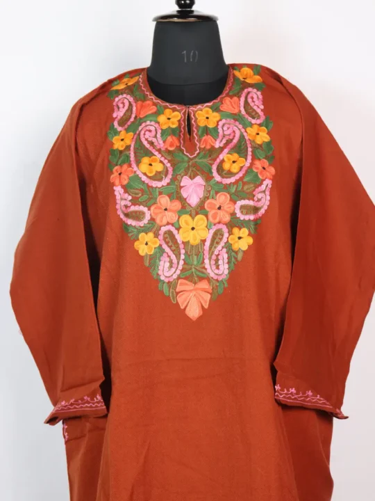 Rustic Orange Cashmilon Wool Aari Work Pheran