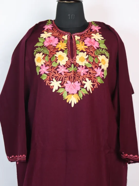 Magenta Cashmilon Wool Pheran with Aari Embroidery