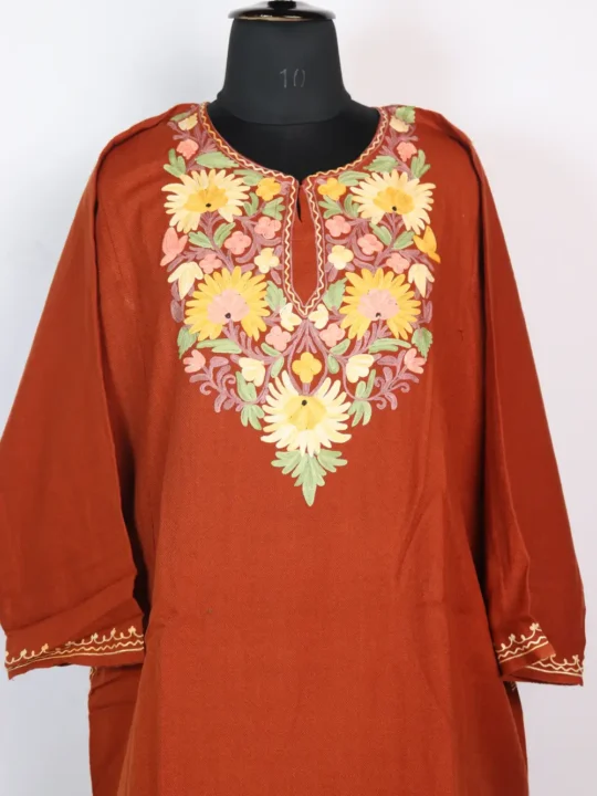 Yasmeen Rustic Orange Cashmilon Wool Aari Embroidery Pheran