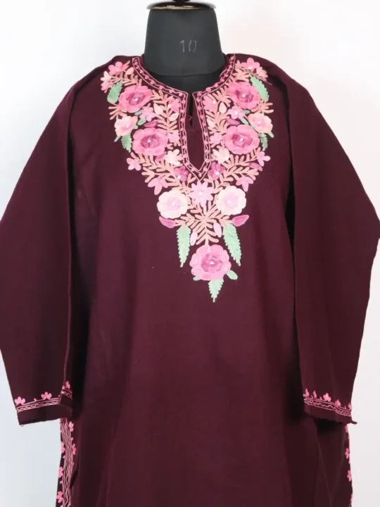 Magenta Cashmilon Wool Pheran with Aari Embroidery