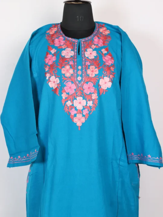 Blue Cashmilon Wool Aari Embroidery Pheran