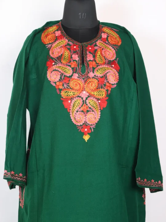Dark Green Cashmilon Wool Aari Work Safeena Pheran