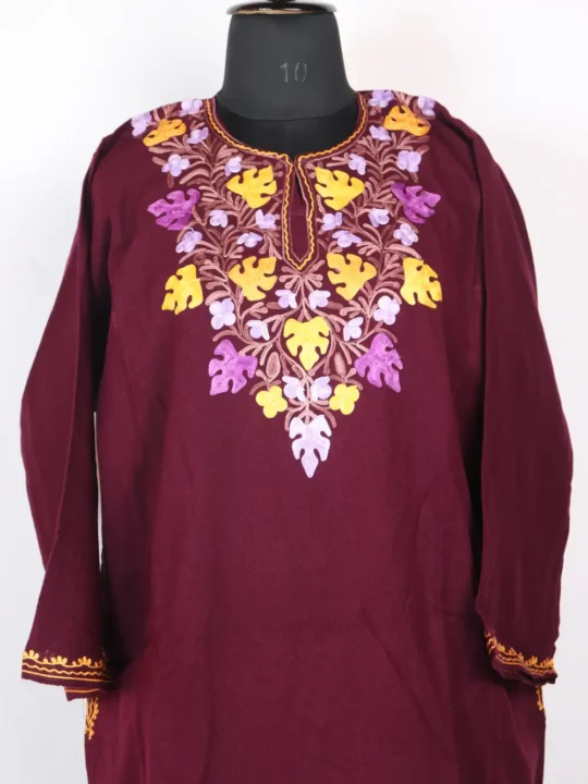 Magenta Cashmilon Wool Pheran with Aari Embroidery