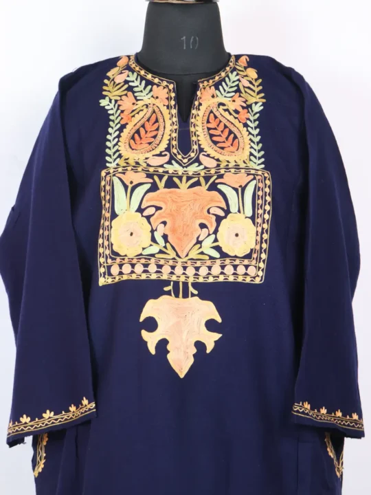 Navy Blue Cashmilon Wool Pheran with Aari Embroidery