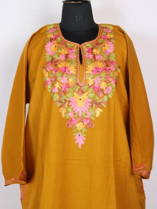 Mustard Cashmilon Wool Pheran with Aari Embroidery