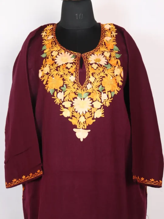 Magenta Cashmilon Wool Pheran with Aari Embroidery