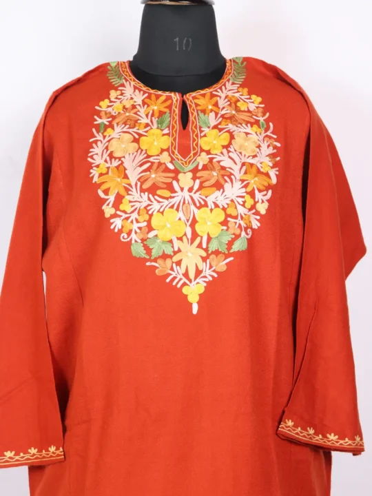 Orange Cashmilon Wool Pheran with Aari Embroidery
