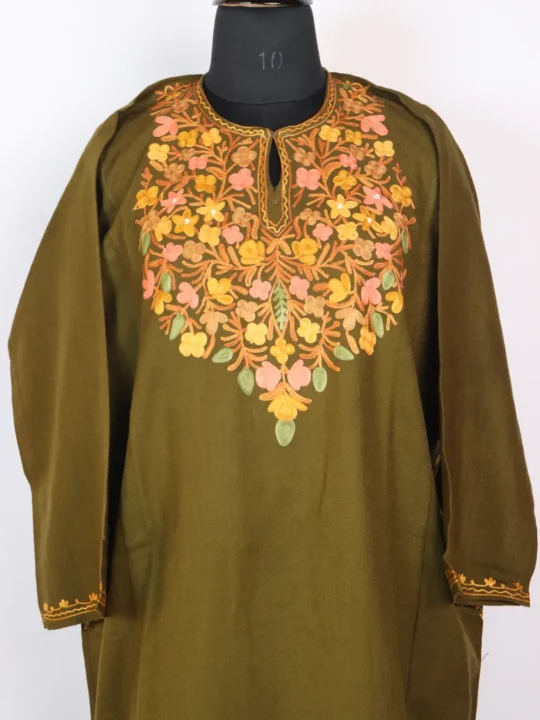 Mehndi Green Cashmilon Wool Pheran with Aari Embroidery