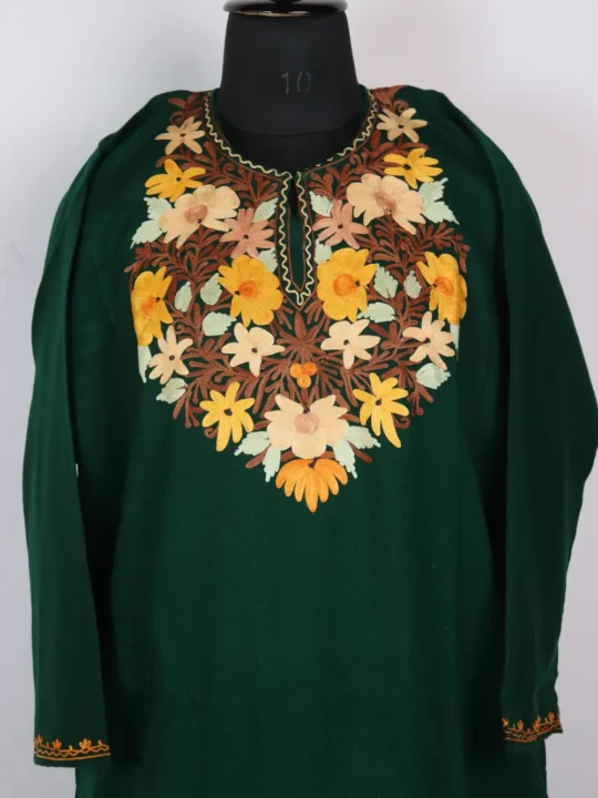 Dark Green Cashmilon Wool Aari Embroidery Pheran