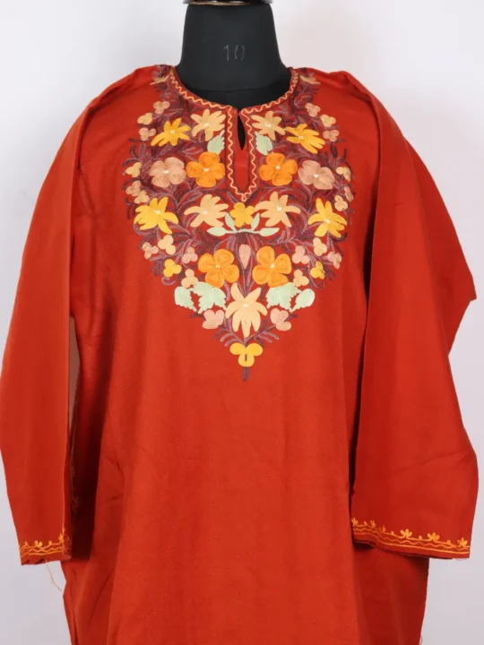Orange Cashmilon Wool Aari Embroidery Pheran
