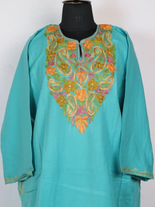 Blue Cashmilon Wool Pheran with Aari Embroidery