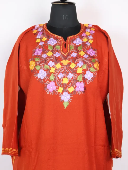 Orange Cashmilon Wool Pheran with Aari Embroidery