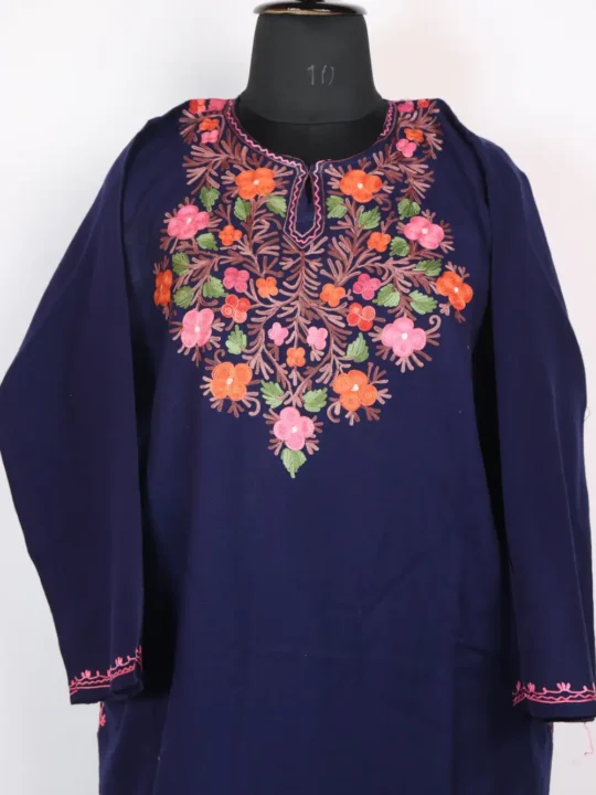 Navy Blue Cashmilon Wool Pheran with Aari Embroidery