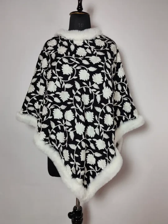 Black Cashmilon Aari Work Fur Poncho