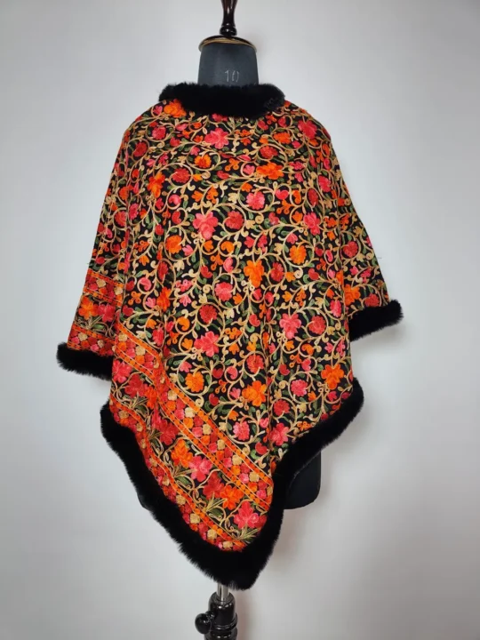 Black Cashmilon Aari Embroidery Fur Jama Poncho