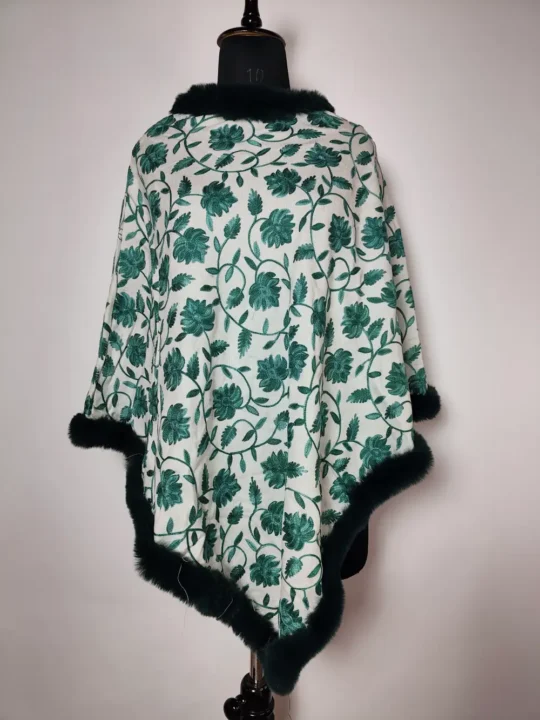 White Cashmilon Fur Poncho with Aari Embroidery