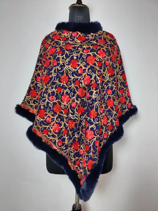 Blue Cashmilon Aari Embroidery Fur Jama Poncho