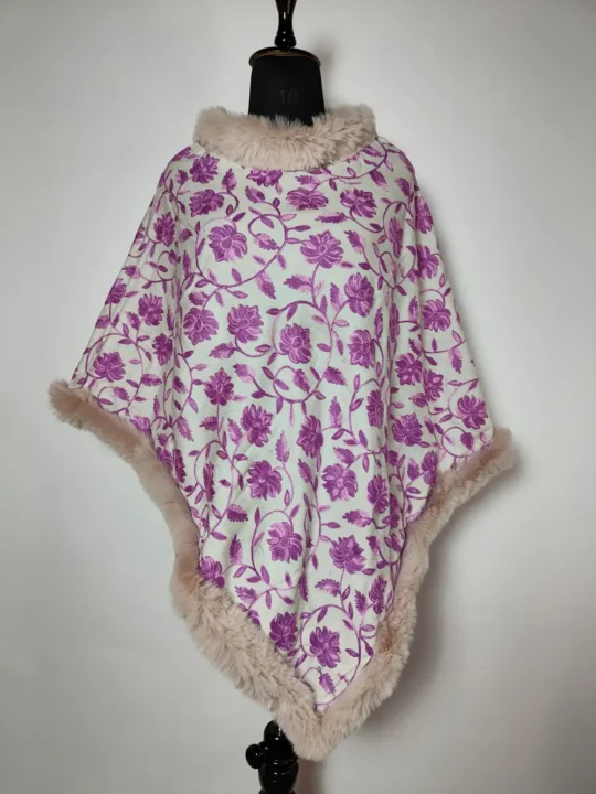 White Cashmilon Fur Poncho with Aari Embroidery