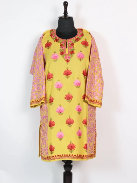 Raffal Wool Yellow Pheran with Aari Work