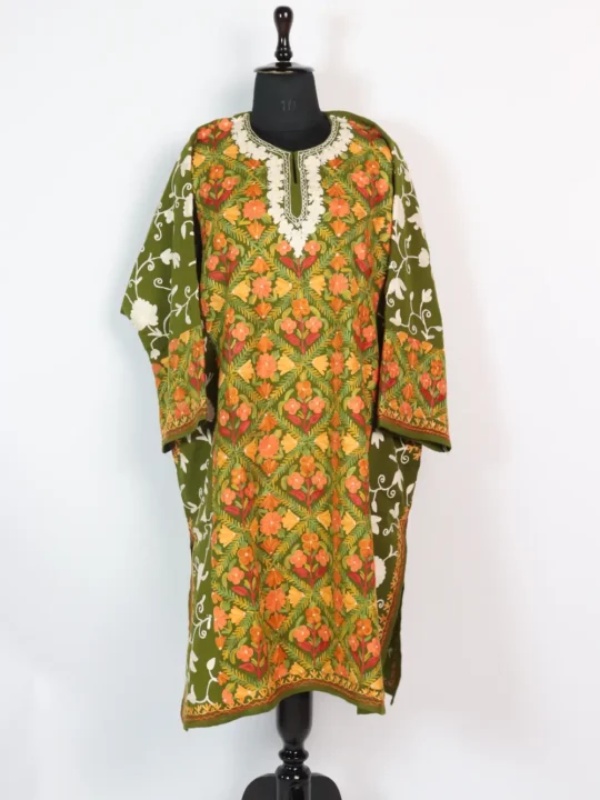 Raffal Wool Aari Embroidery Olive Green Pheran