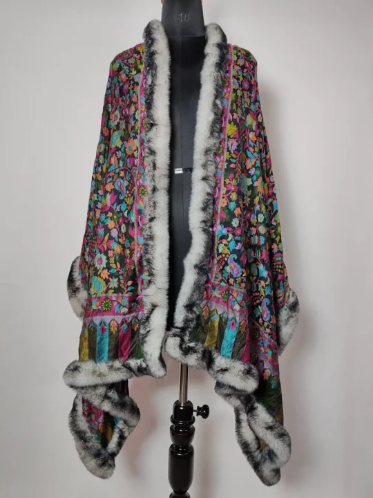 Kashmiri Black Kani Fur Stole with Floral - Striped Design