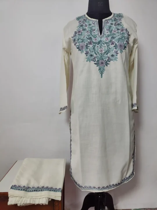 White Cotton Aari Work Sakeena Kurti Set