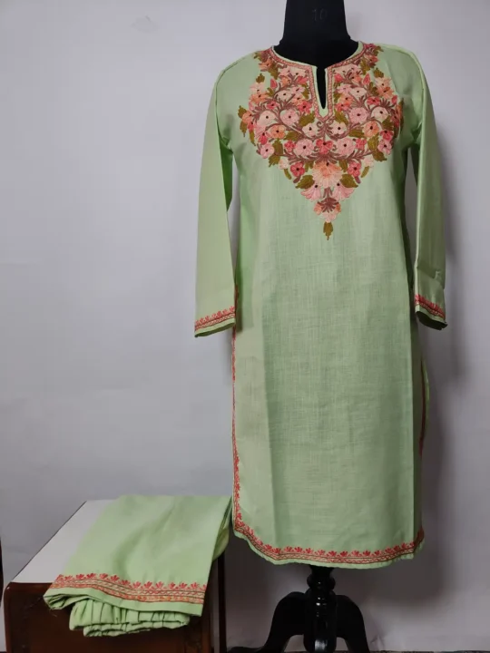 Bushra Sage Green Cotton Kurti Set with Aari Embroidery