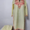 Pale yellow Cotton Kurti Set with Aari Work