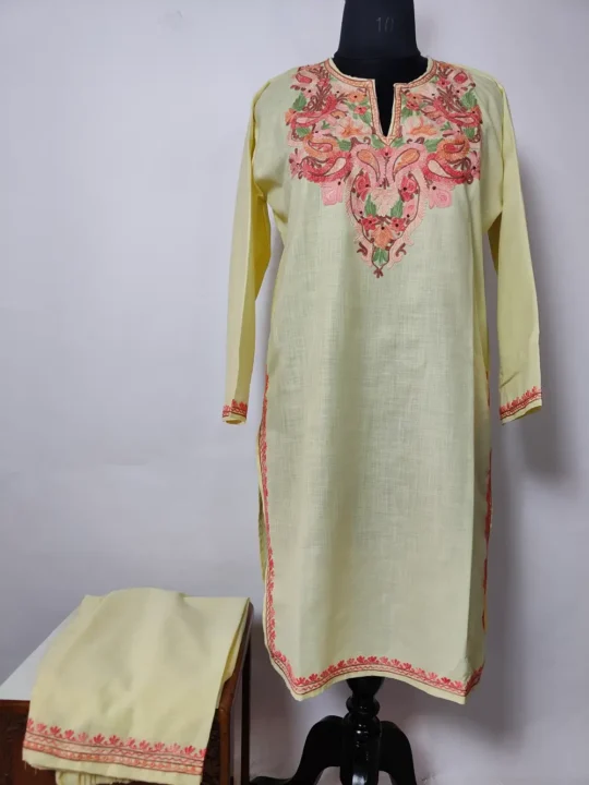 Pale yellow Cotton Kurti Set with Aari Work
