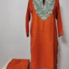 Rustic Orange Cotton Aari Embroidery Kurti Set