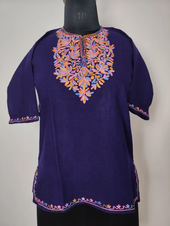 Classic Dark Blue Aari Embroidered Kids Cashmilon Wool Pheran (4-5 y)