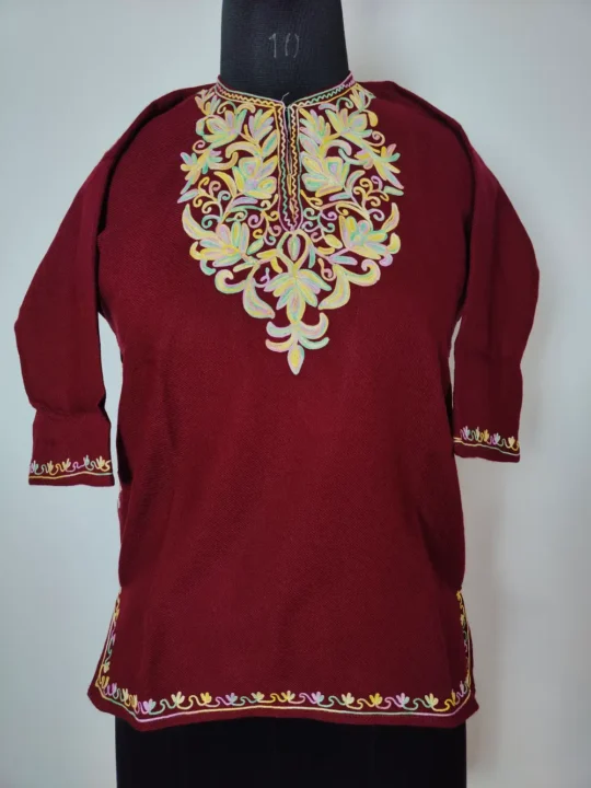 Cashmilon Wool Maroon Embroidery Aari Work Kids Pheran