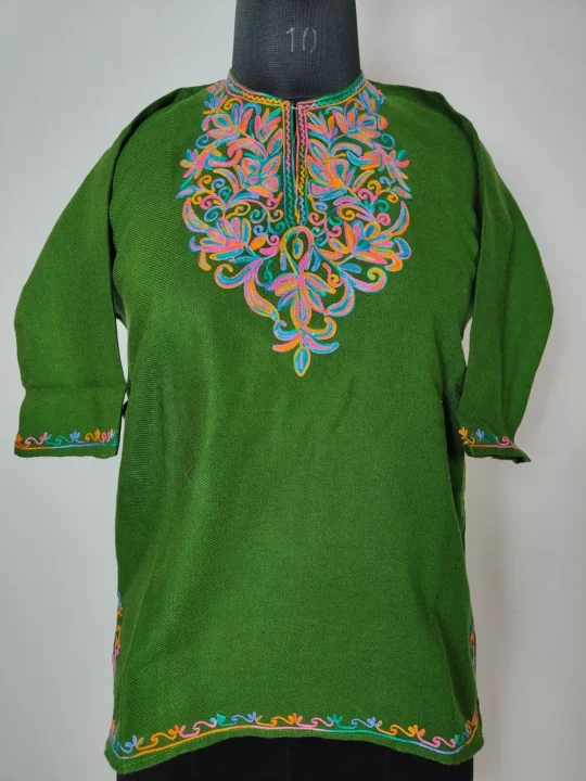 Cashmilon Wool Green Kids Pheran with Aari Embroidery