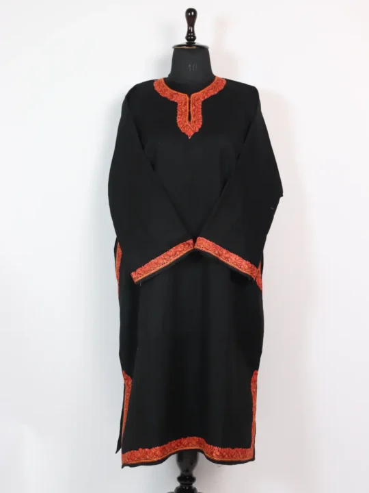 Black Kashmiri Raffal Wool Aari Work Pheran