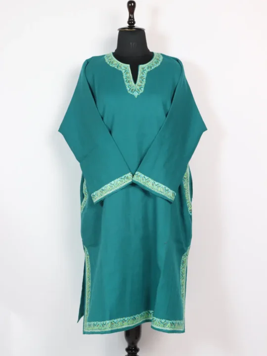 Womens Raffal Wool Aari Embroidery Kashmiri Green Pheran