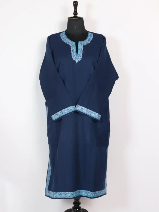 Midnight Blue Raffal Wool Pheran with Aari Embroidery