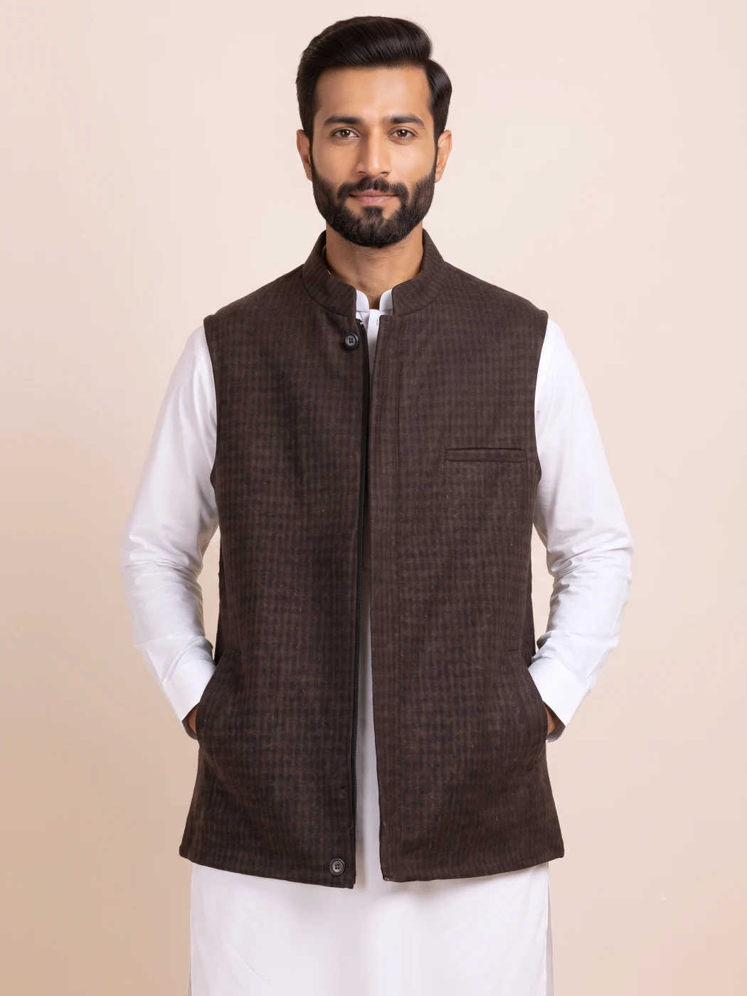 Dark Brown and Black Check Kashmiri Tweed Half Jacket for Men