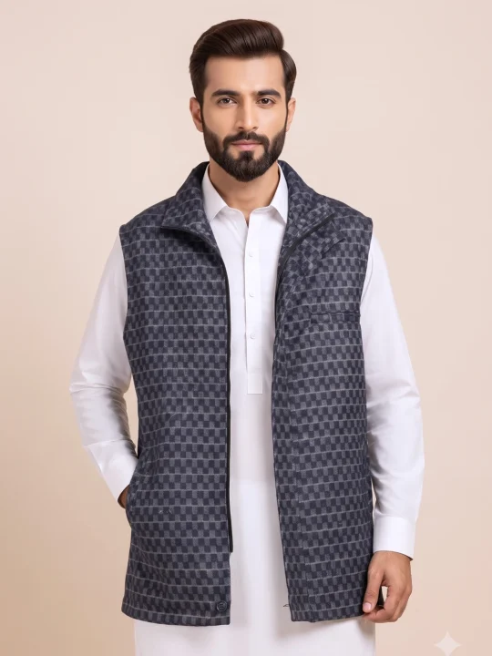 Kashmiri Dark Blue Tweed Half Jacket for Men