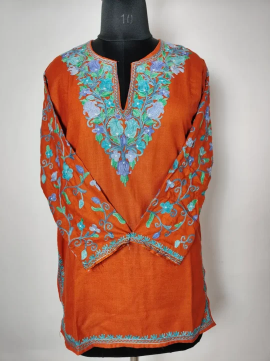 Aari Work Anahita Short Cotton Sleeve Embroidery Rust Kurti