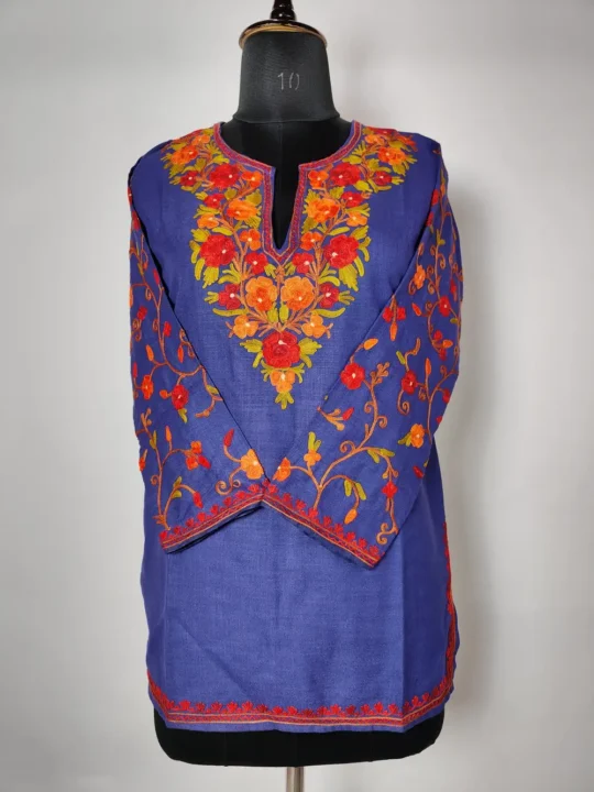 Short Cotton Zufaiz Sleeve Embroidery Royal Blue Aari Work Kurti