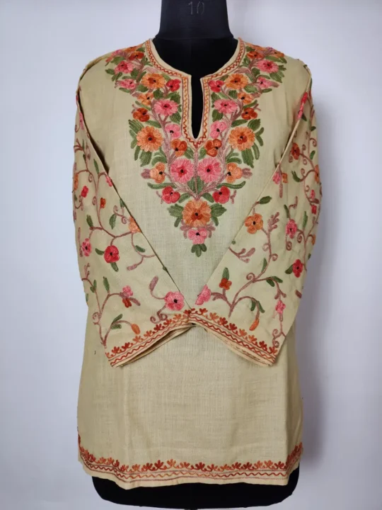 Mehreen Short Cotton Aari Sleeve Work Cream Kurti